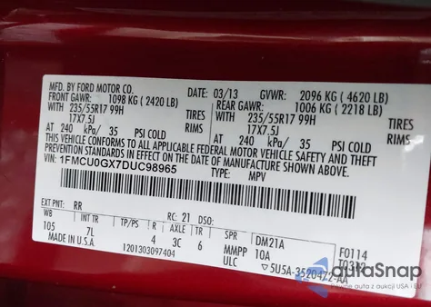 2013 Ford Escape Se from USA, damaged, VIN 1FMCU0GX7DUC98965